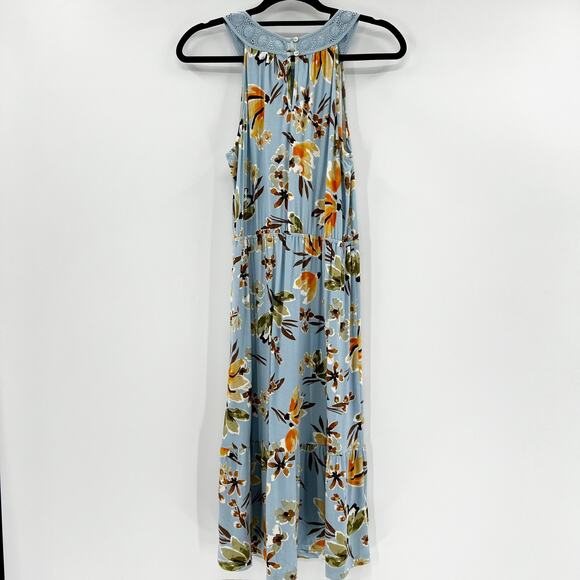NWT Danielrainn Women's Light Blue Floral High Neck Crochet Midi Dress Size M - Picture 2 of 5